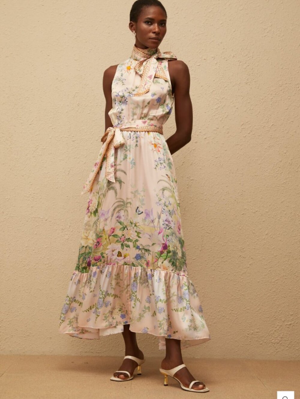 Madeleine Neutral Floral Print Satin Maxi Dress